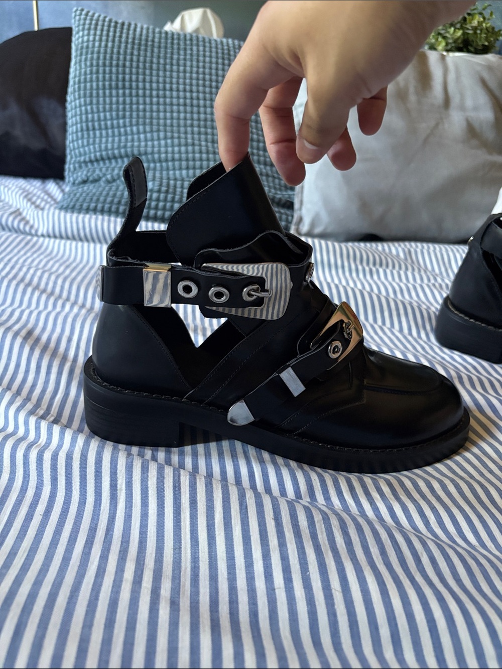 Black Leather Buckle Cutout Boots with Silver Hardware